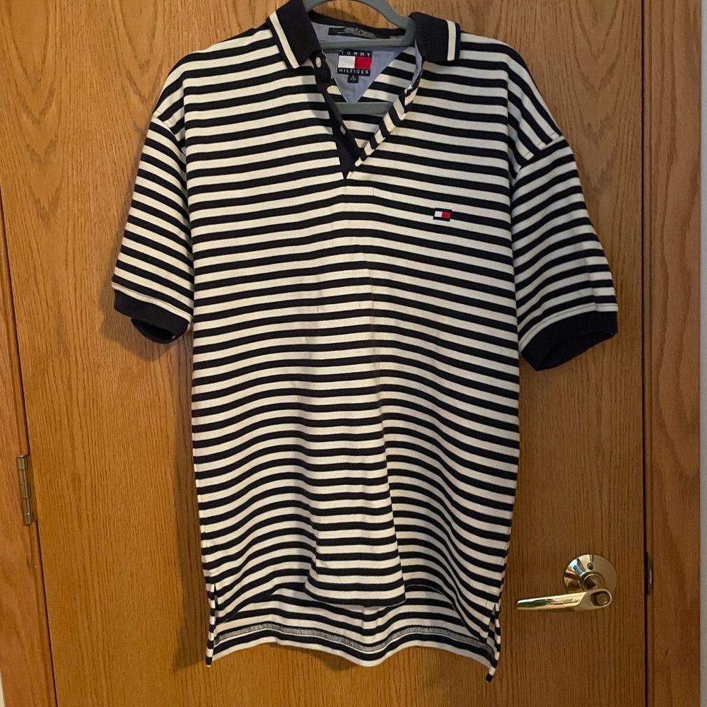 Men’s Tommy Hilfiger Striped Polo T-Shirt, Navy Blue & White, Size: Small